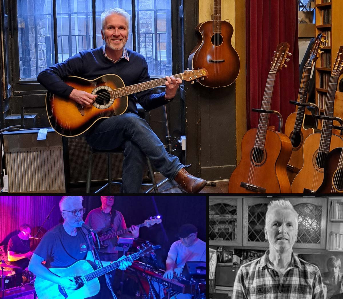 Mike Knuttle playing acoustic guitar and performing live